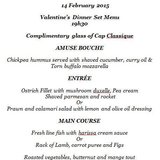 Agulhas Country Club Valentine's Day menu